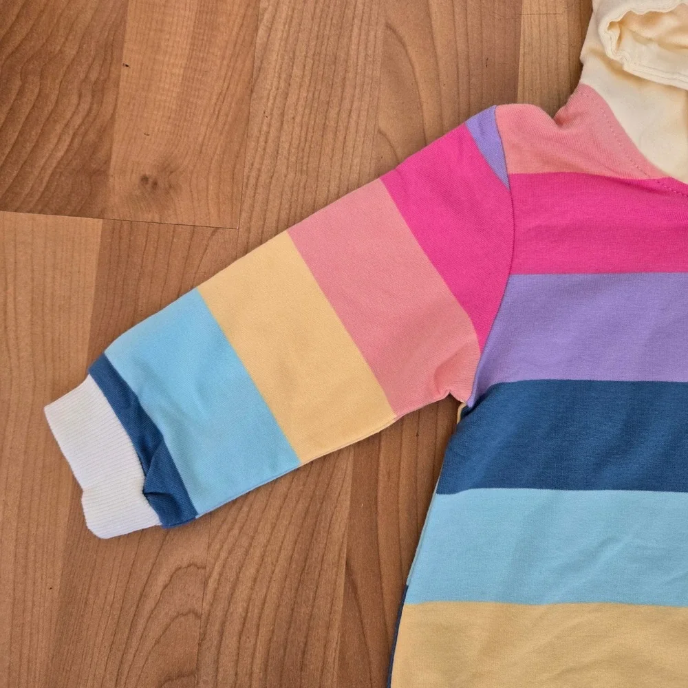 Treetop Tots Rainbow Stripe Hooded Romper Unisex‎ Size 6-12M Pastel Cozy Playful